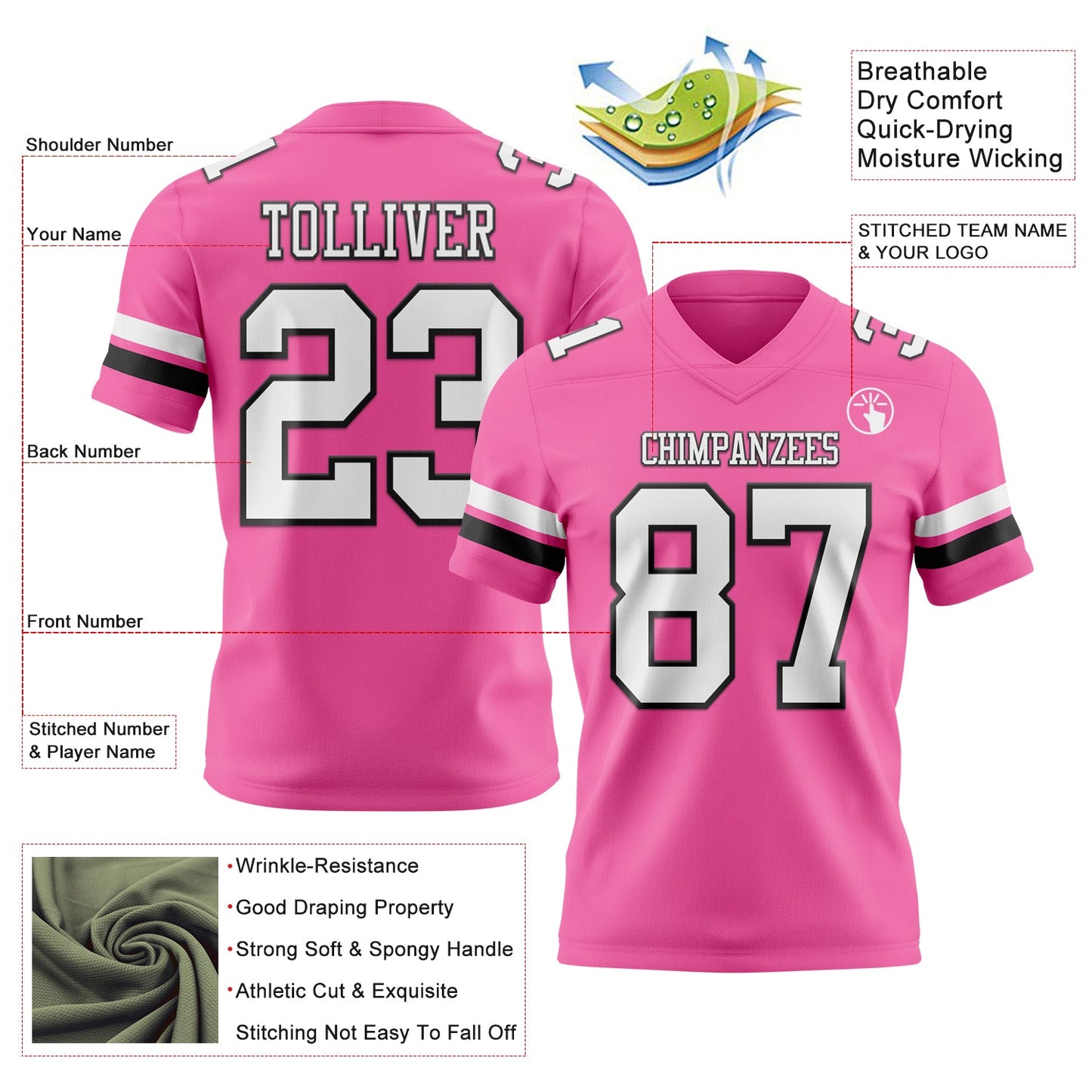 Custom Pink White-Black Mesh Authentic Football Jersey
