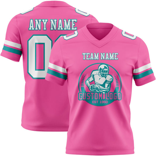 Custom Pink White-Teal Mesh Authentic Football Jersey