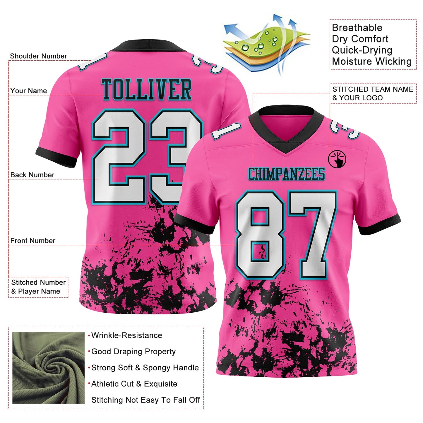 Custom Pink White Black-Lakes Blue Splash Mesh Authentic Football Jersey