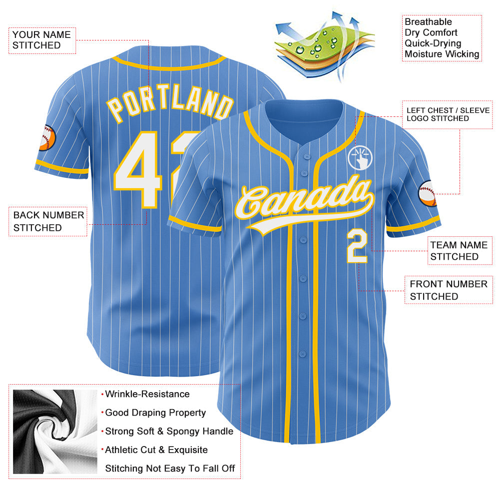 Custom Powder Blue White Pinstripe Yellow Authentic Baseball Jersey