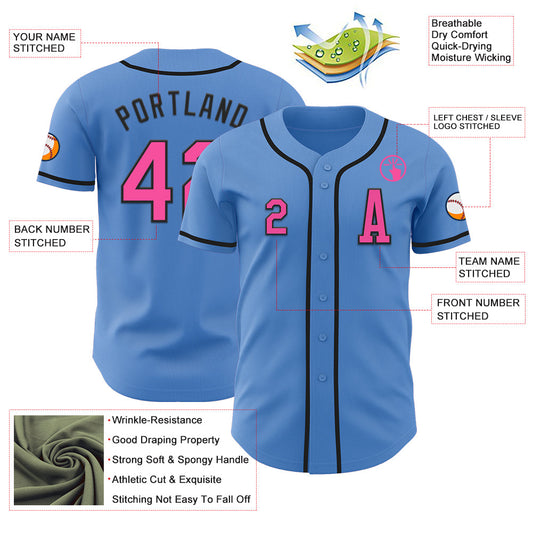 Custom Powder Blue Pink-Black Authentic Baseball Jersey