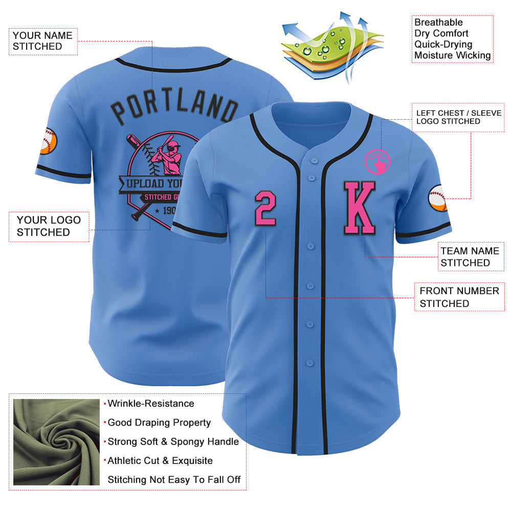 Custom Powder Blue Pink-Black Authentic Baseball Jersey