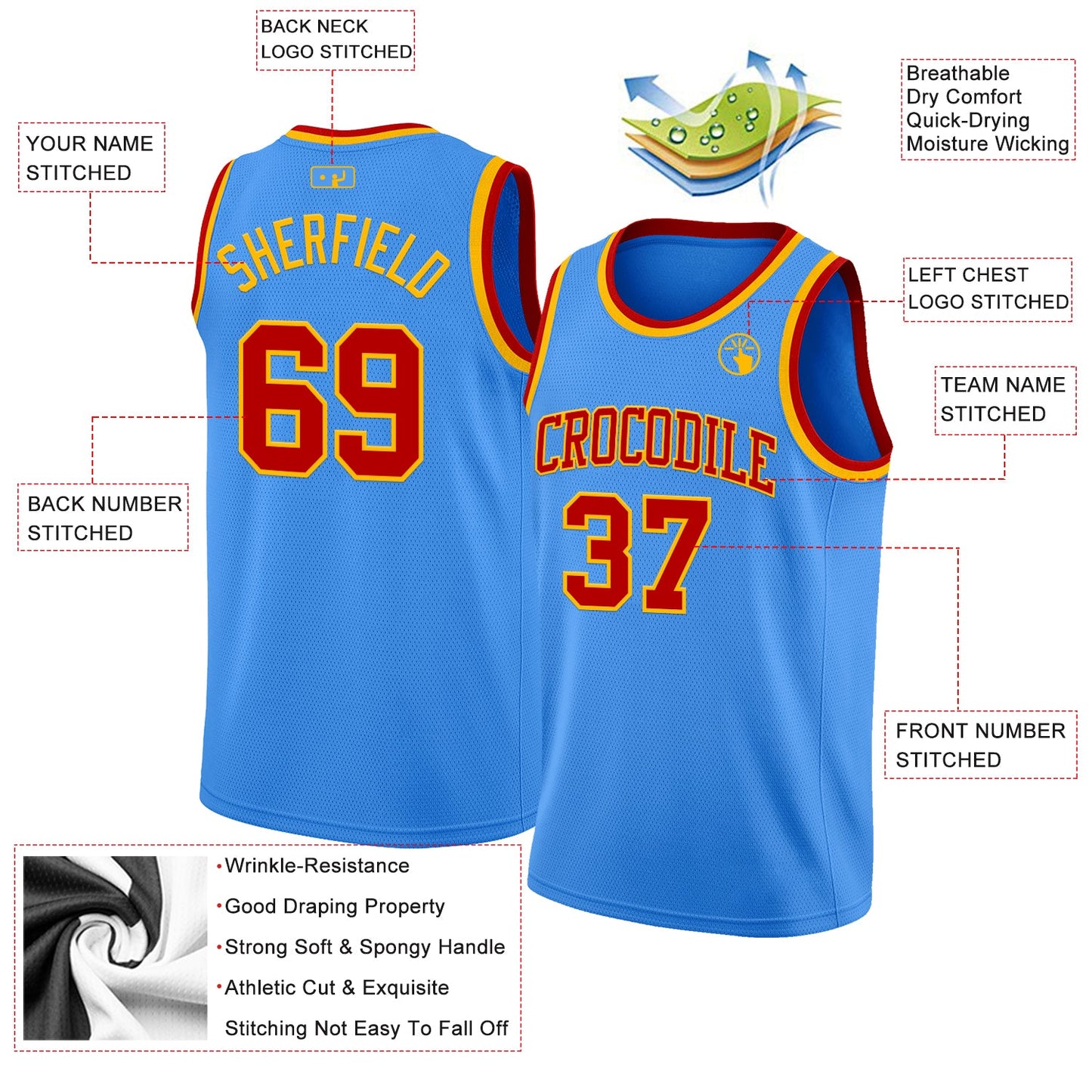 Custom Powder Blue Red-Gold Authentic Basketball Jersey