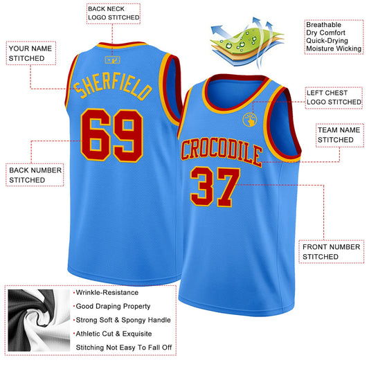Custom Powder Blue Red-Gold Authentic Basketball Jersey