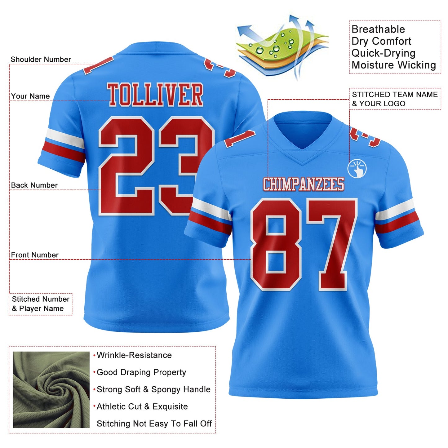 Custom Powder Blue Red-White Mesh Authentic Football Jersey