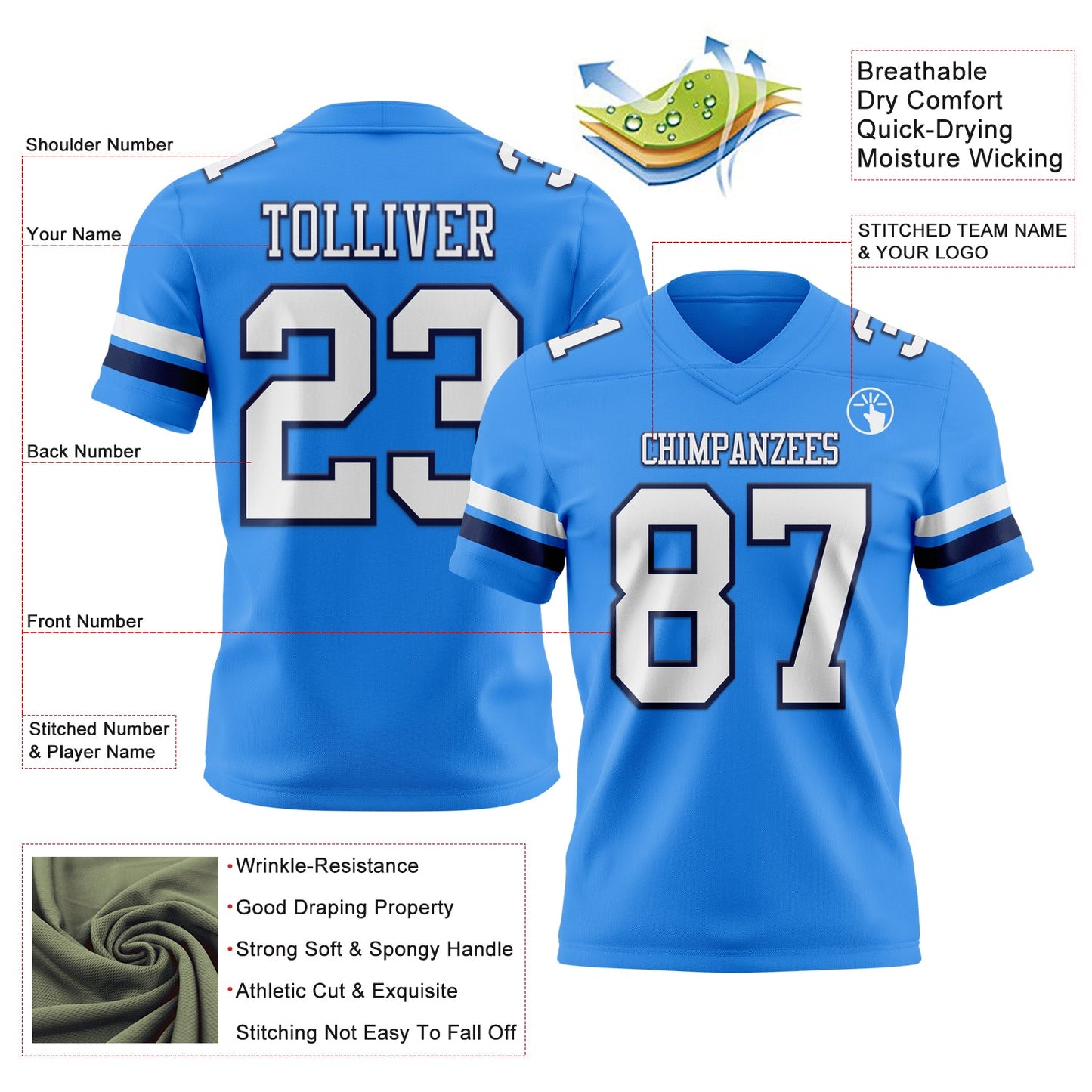 Custom Powder Blue White-Navy Mesh Authentic Football Jersey