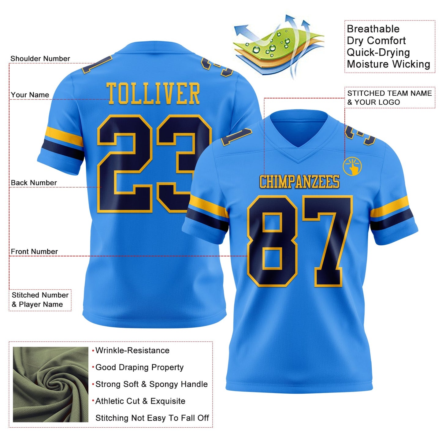 Custom Powder Blue Navy-Gold Mesh Authentic Football Jersey