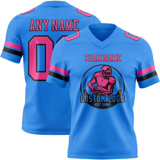 Custom Powder Blue Pink-Black Mesh Authentic Football Jersey