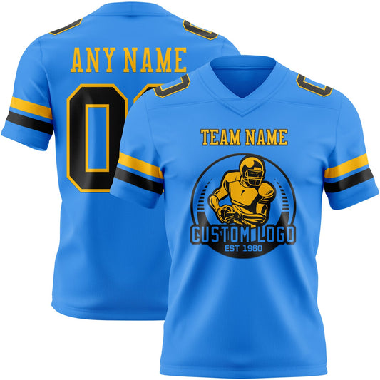 Custom Powder Blue Black-Gold Mesh Authentic Football Jersey