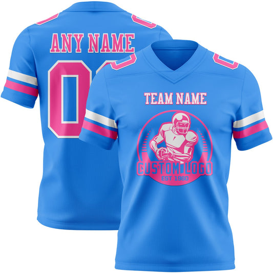 Custom Powder Blue Pink-White Mesh Authentic Football Jersey