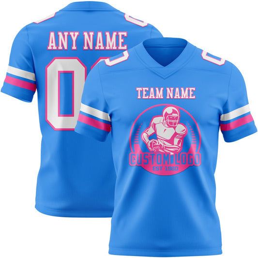 Custom Powder Blue White-Pink Mesh Authentic Football Jersey