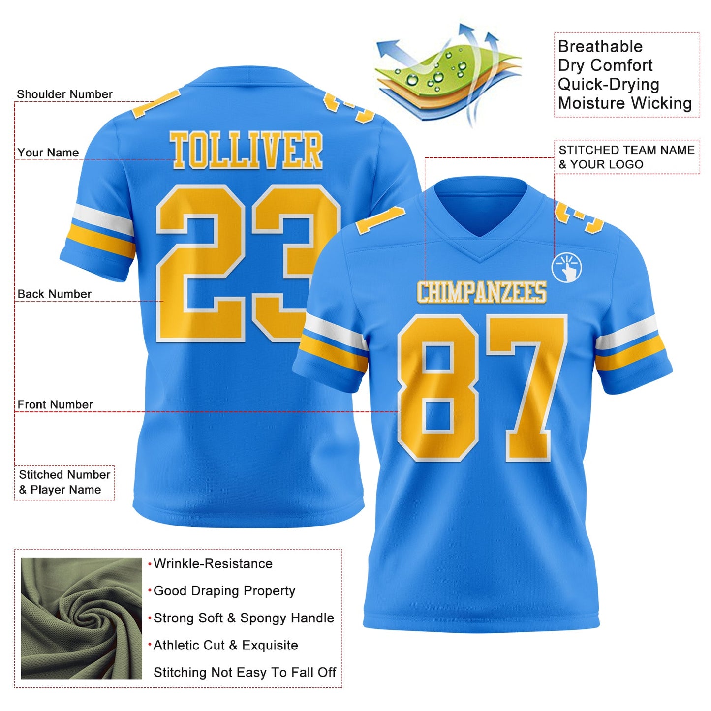 Custom Powder Blue Gold-White Mesh Authentic Football Jersey