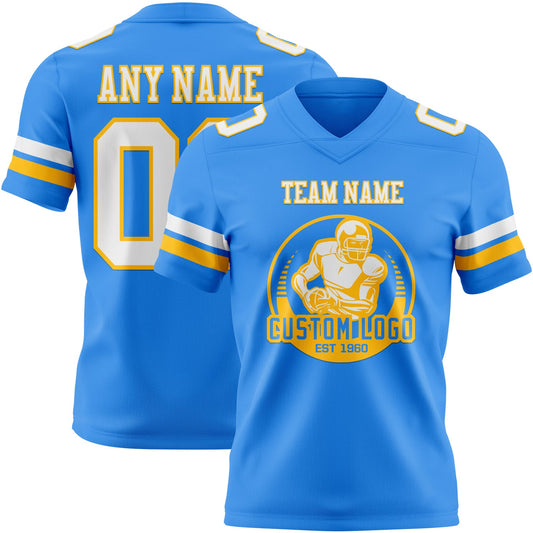 Custom Powder Blue White-Gold Mesh Authentic Football Jersey