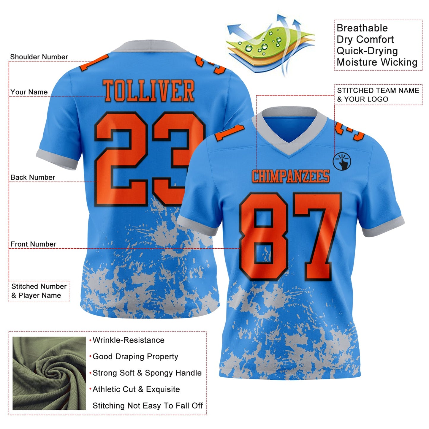 Custom Powder Blue Orange Gray-Black Splash Mesh Authentic Football Jersey