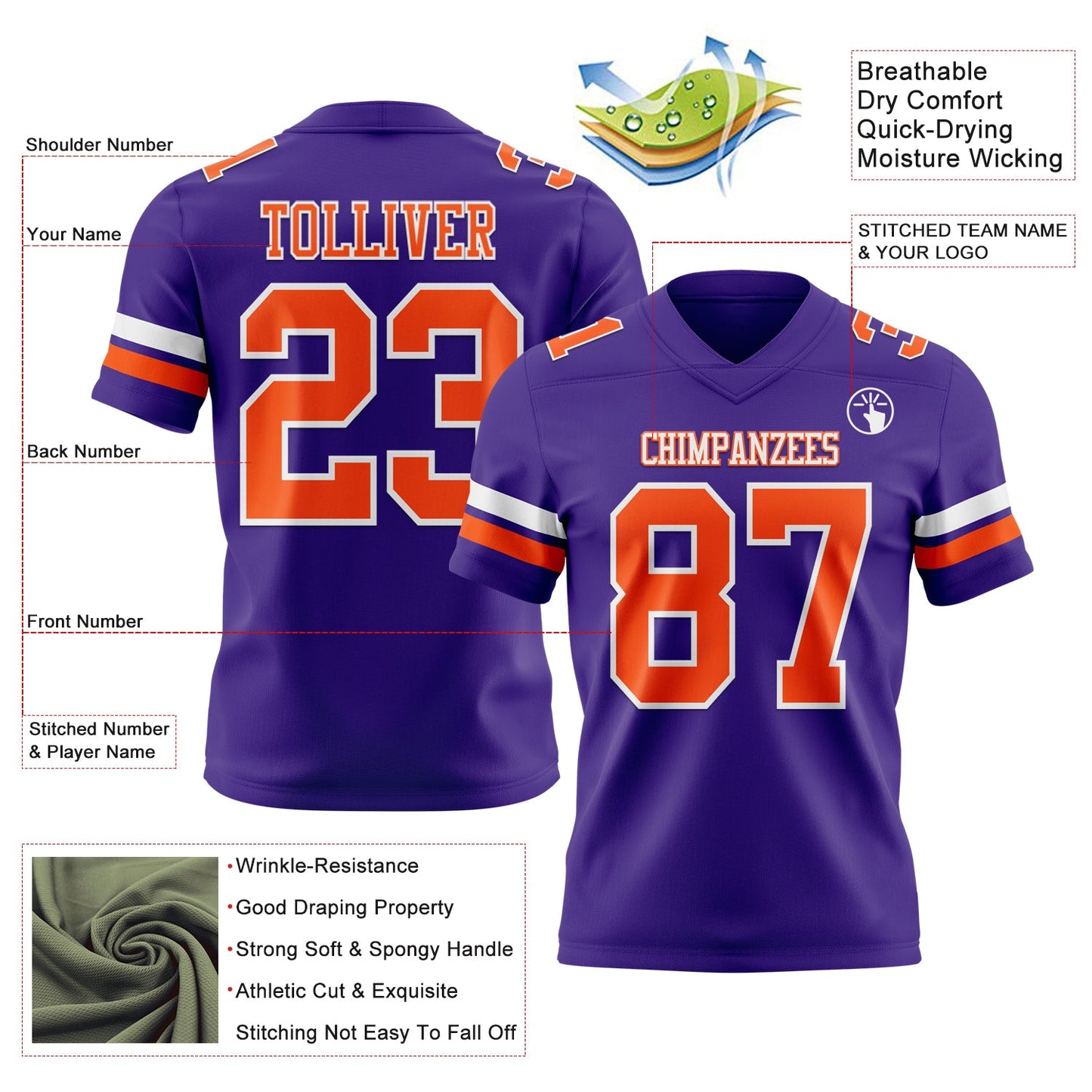 Custom Purple Orange-White Mesh Authentic Football Jersey