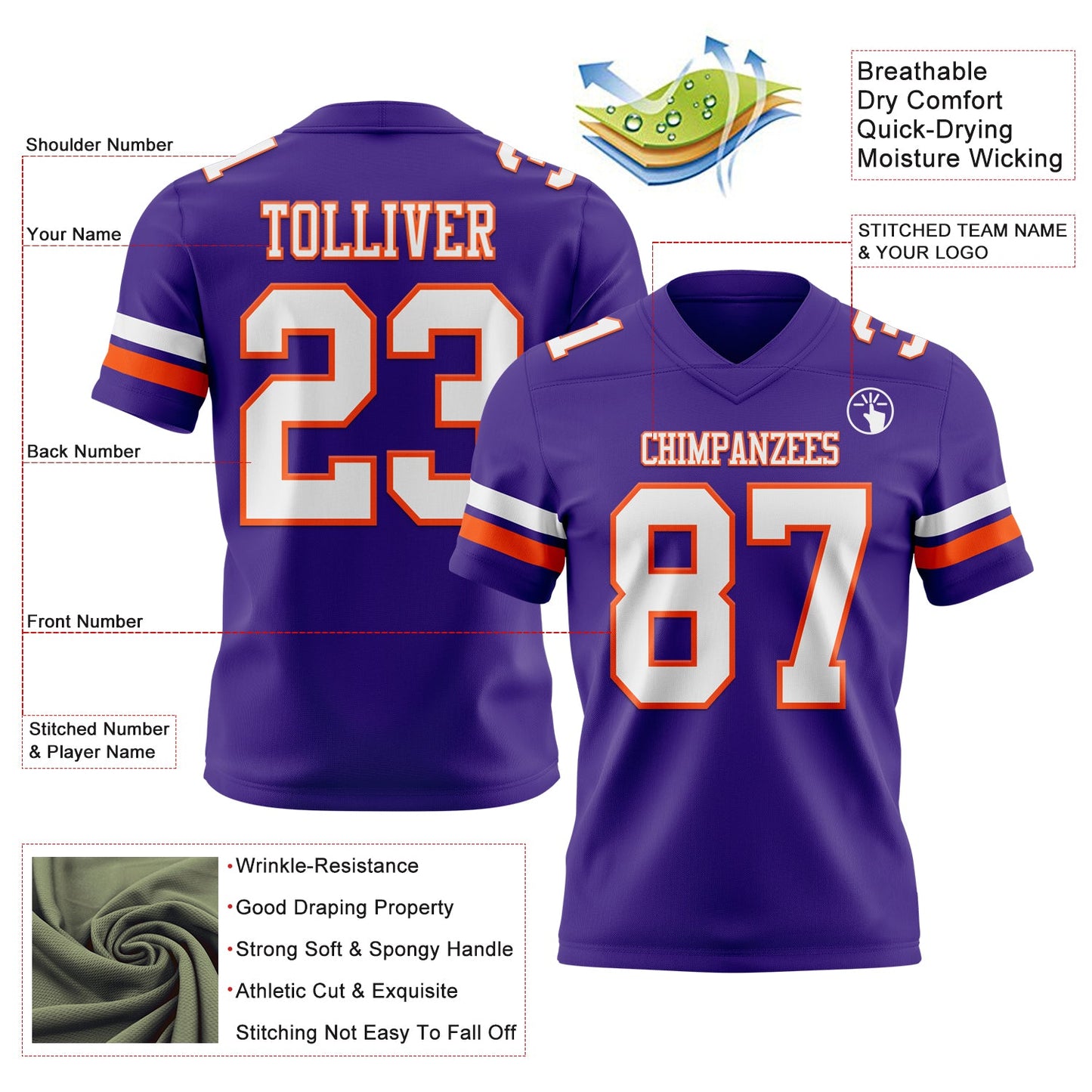 Custom Purple White-Orange Mesh Authentic Football Jersey