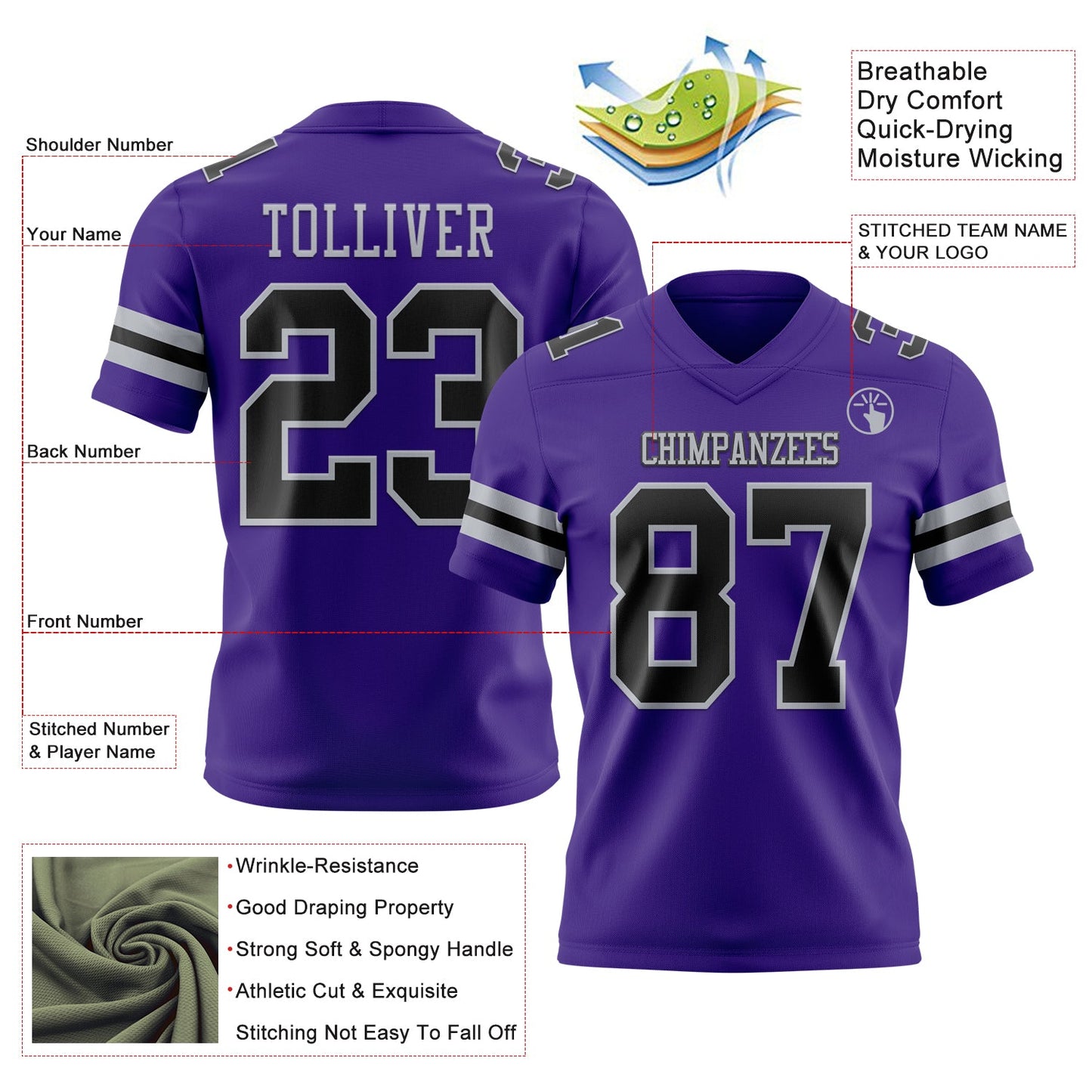 Custom Purple Black-Gray Mesh Authentic Football Jersey