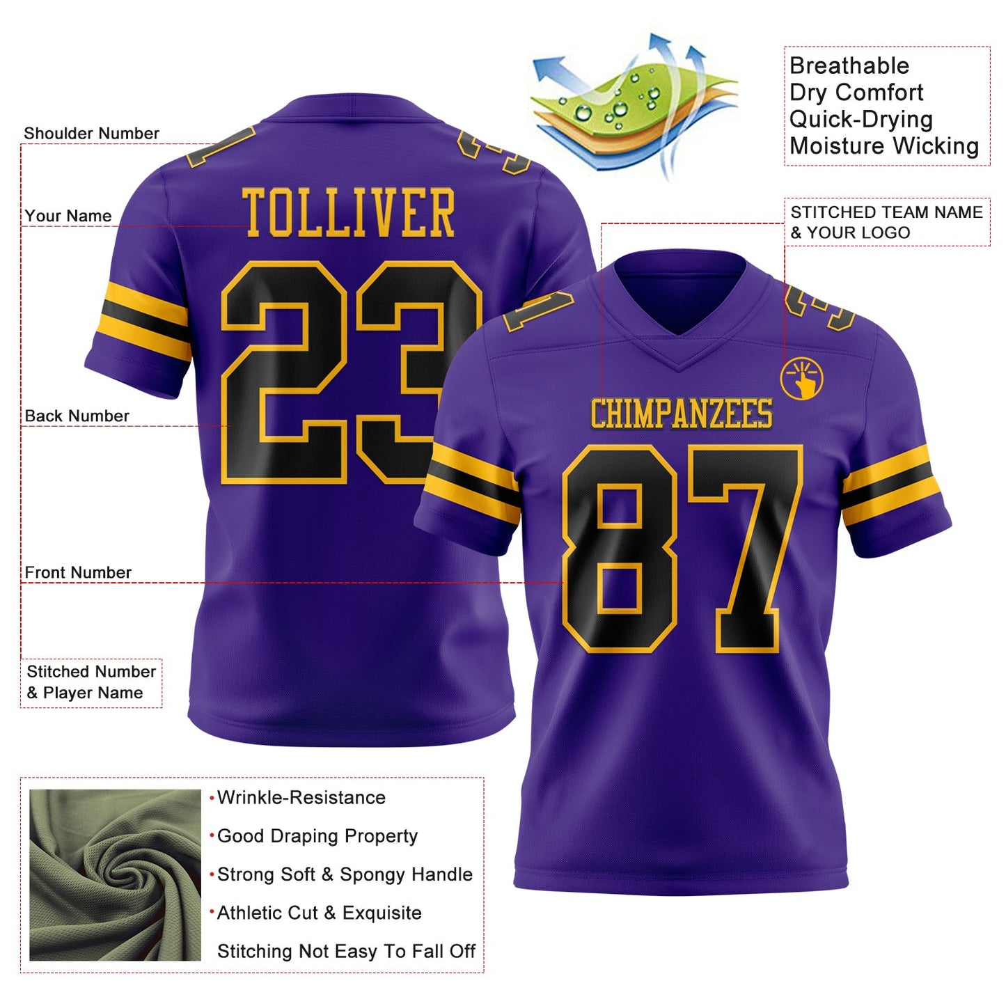 Custom Purple Black-Gold Mesh Authentic Football Jersey