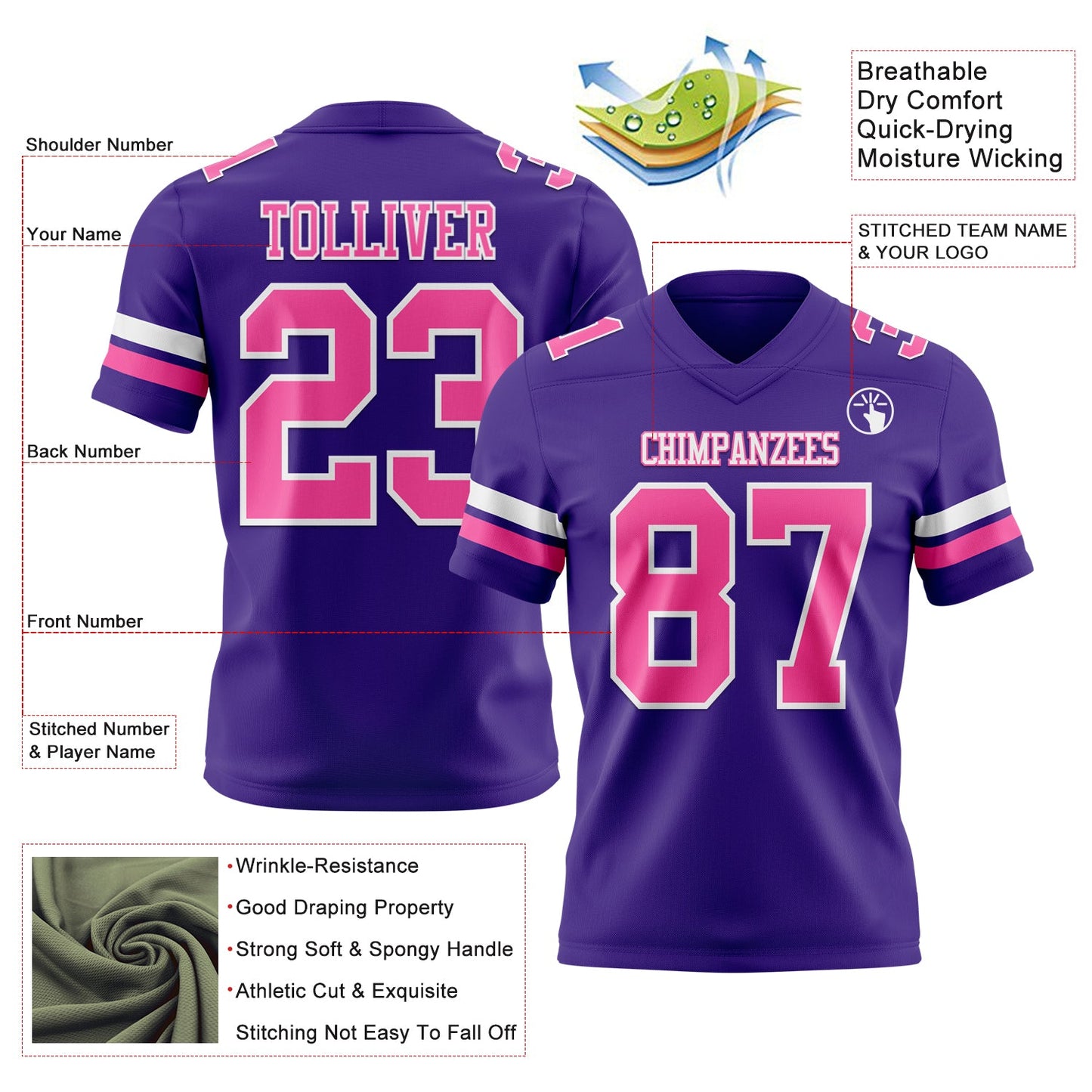 Custom Purple Pink-White Mesh Authentic Football Jersey