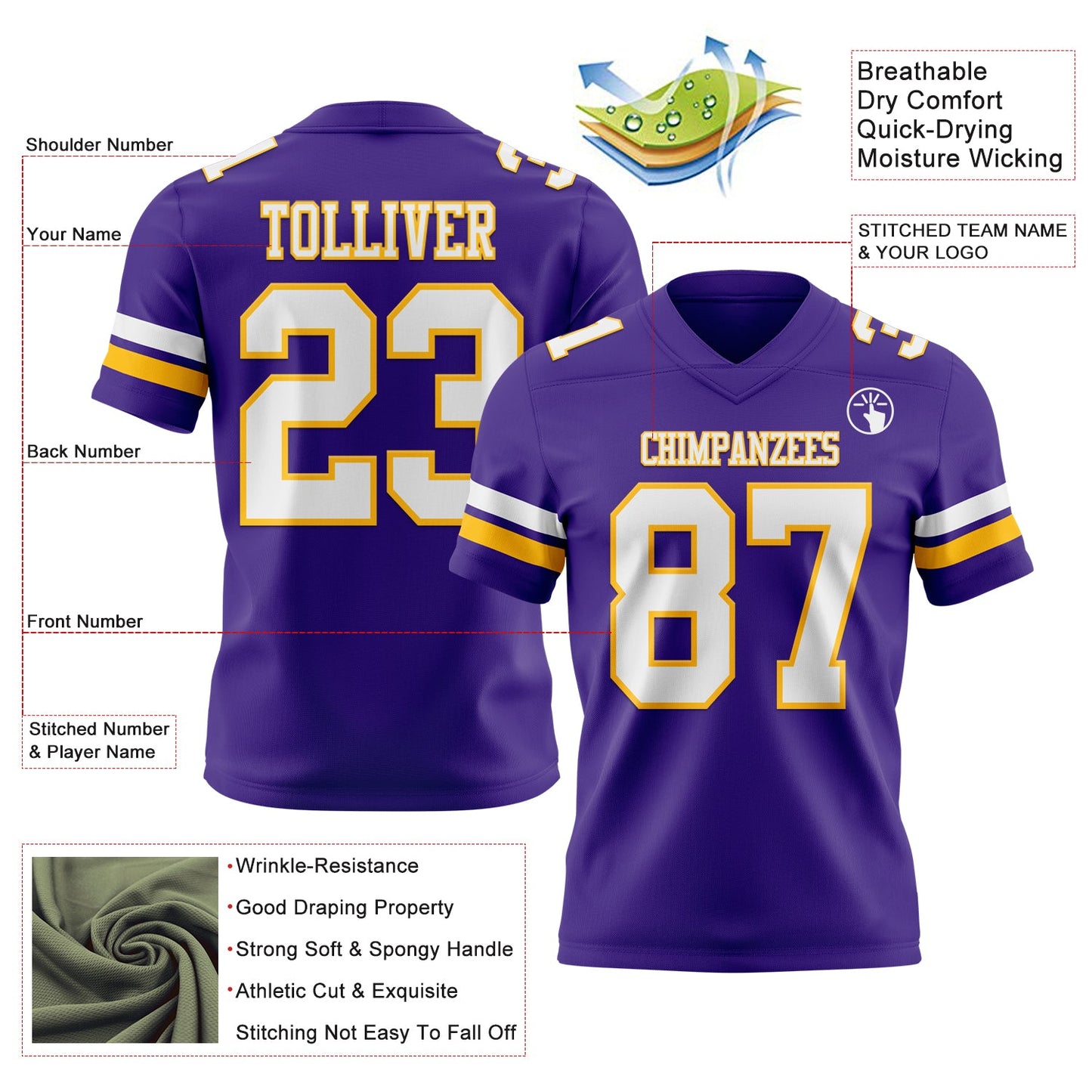 Custom Purple White-Gold Mesh Authentic Football Jersey