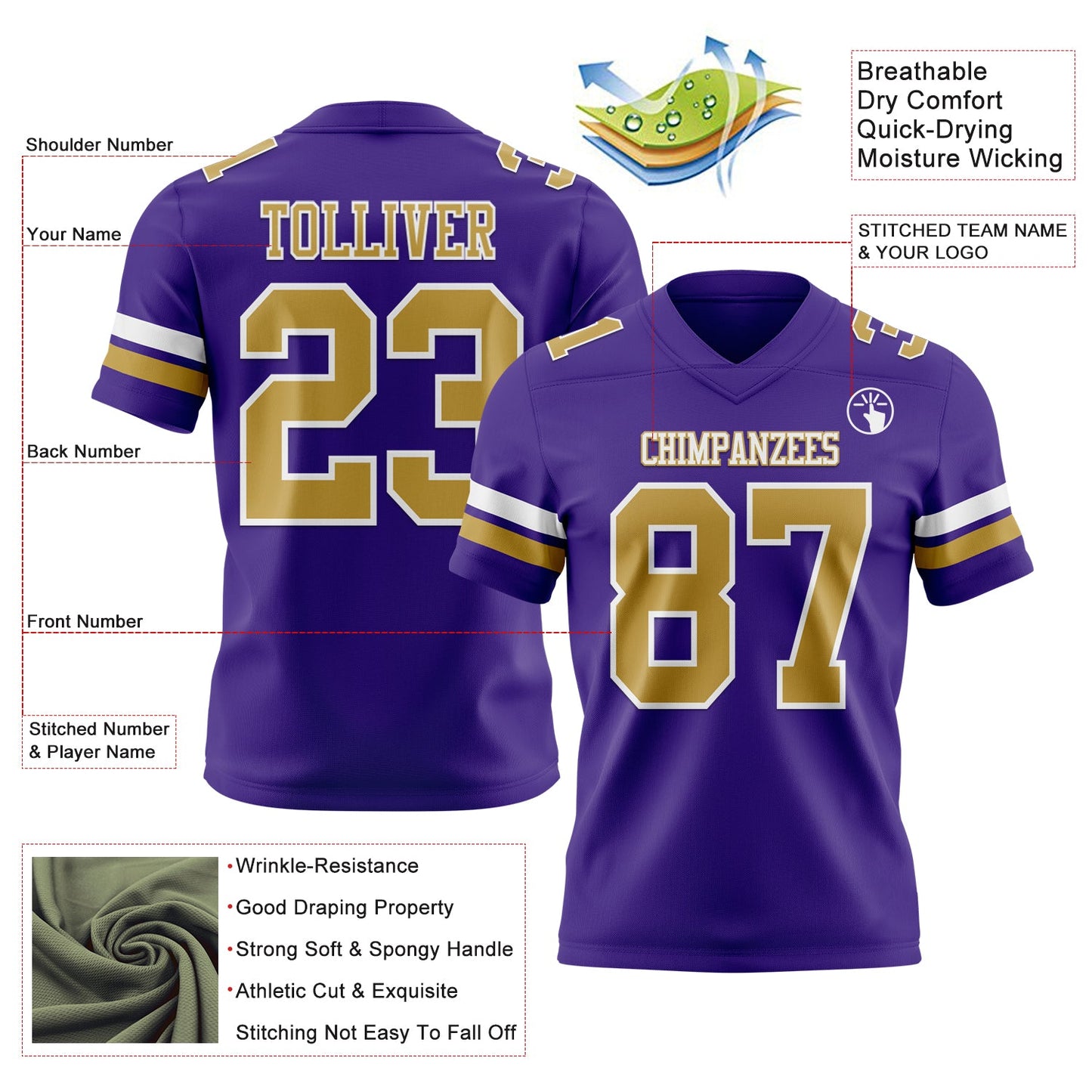 Custom Purple Old Gold-White Mesh Authentic Football Jersey