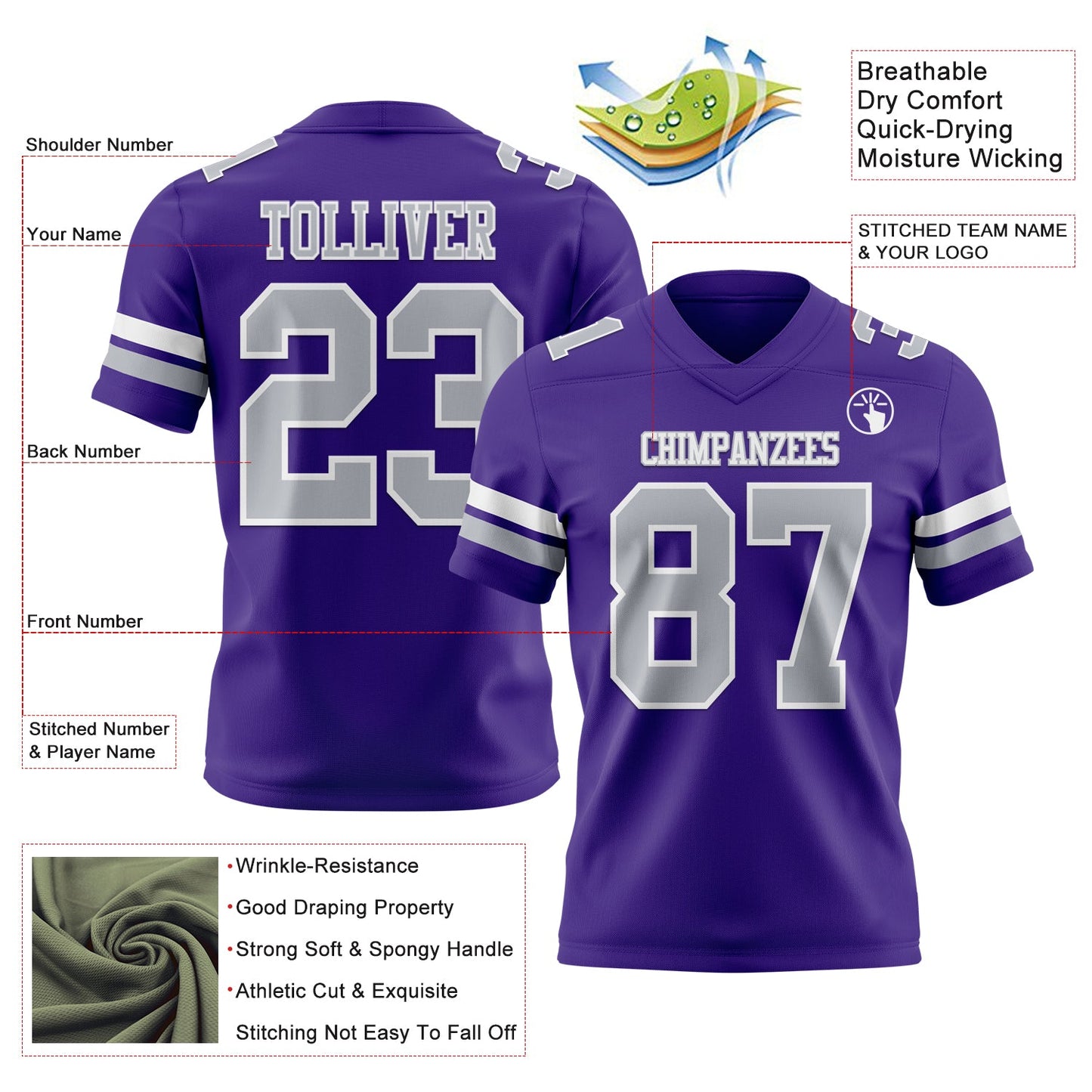 Custom Purple Gray-White Mesh Authentic Football Jersey