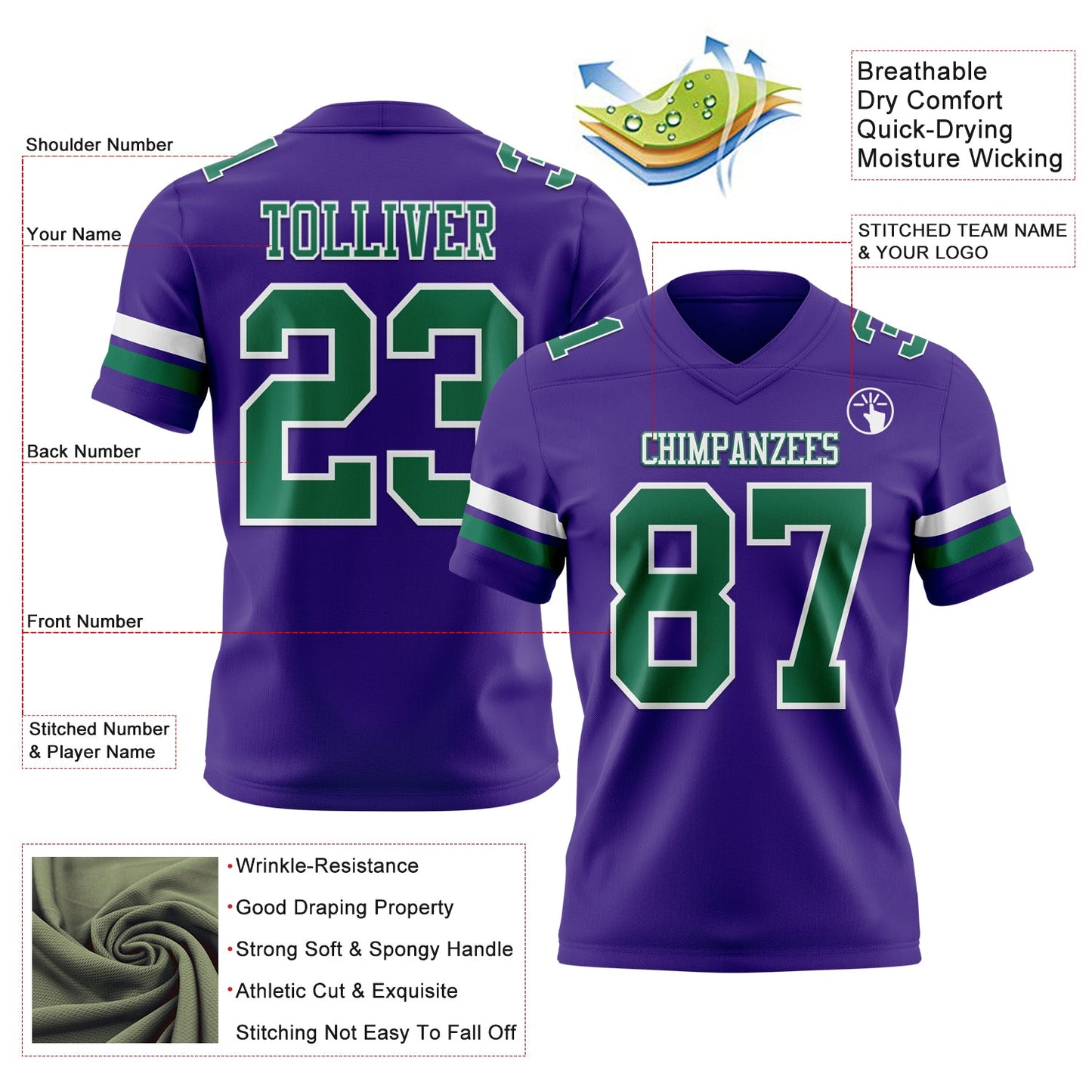 Custom Purple Kelly Green-White Mesh Authentic Football Jersey