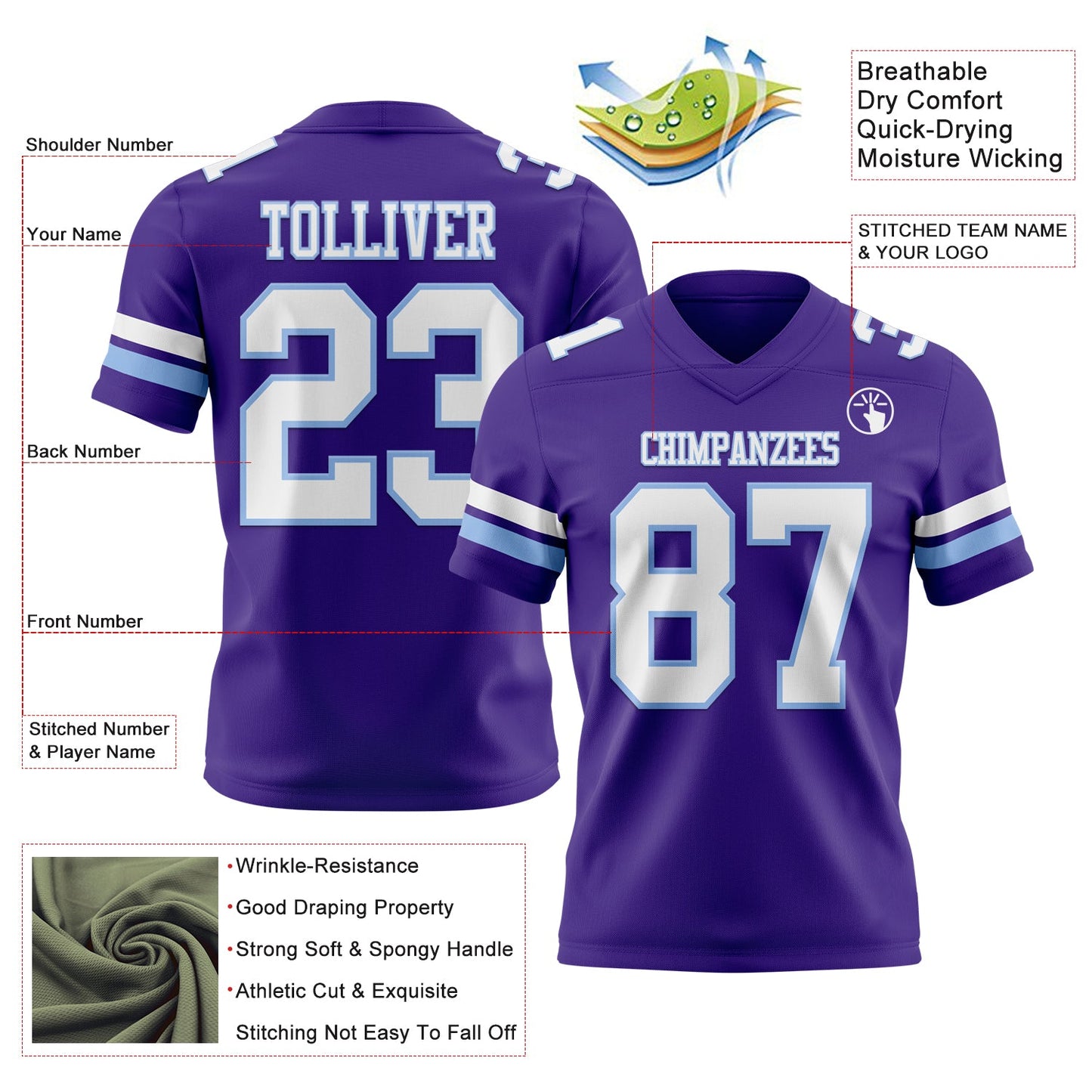 Custom Purple White-Light Blue Mesh Authentic Football Jersey