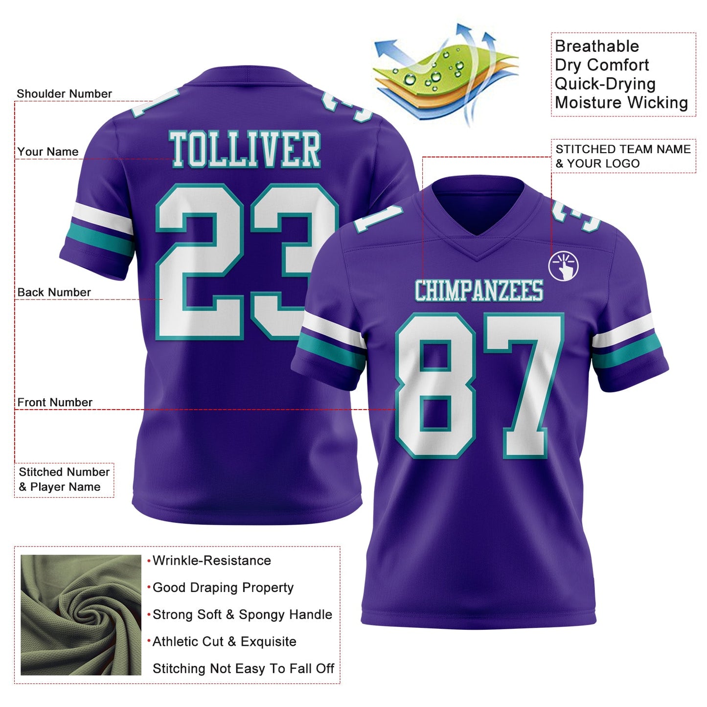 Custom Purple White-Teal Mesh Authentic Football Jersey