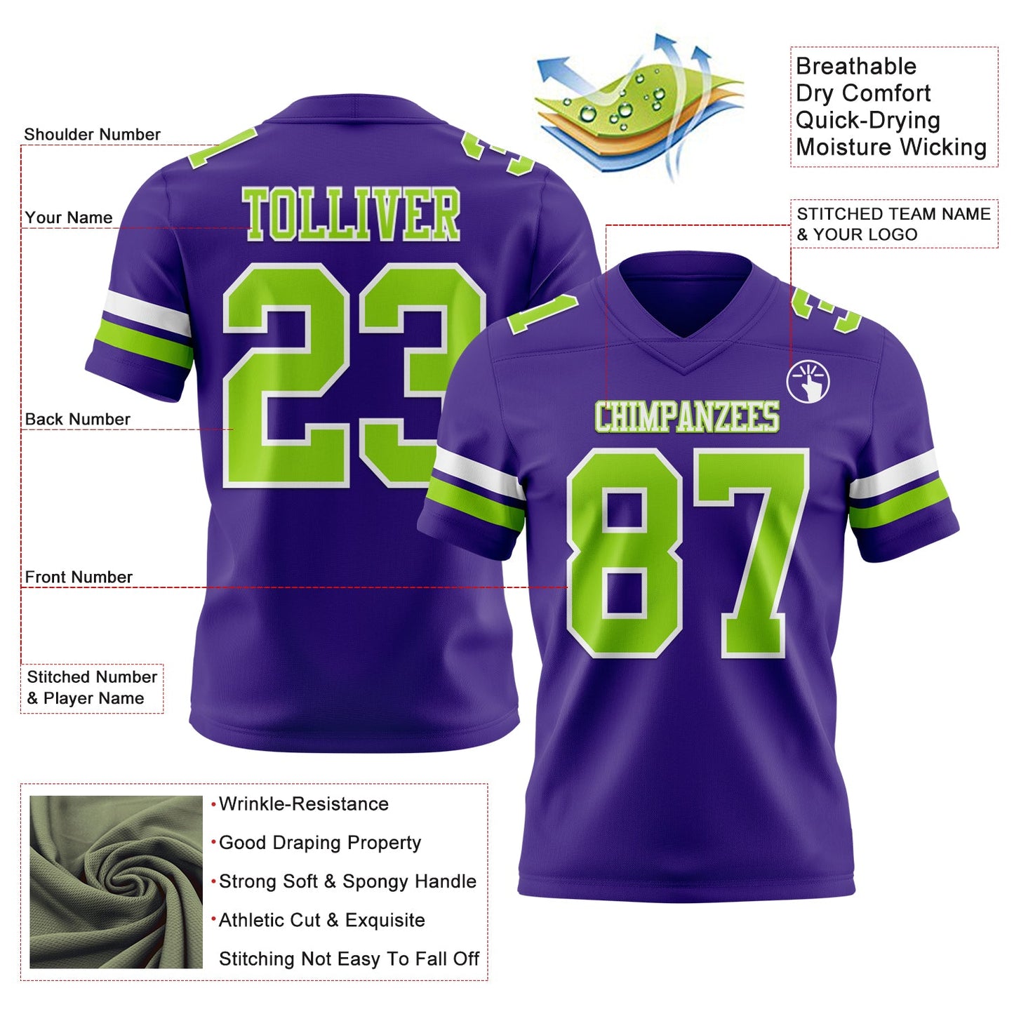 Custom Purple Neon Green-White Mesh Authentic Football Jersey