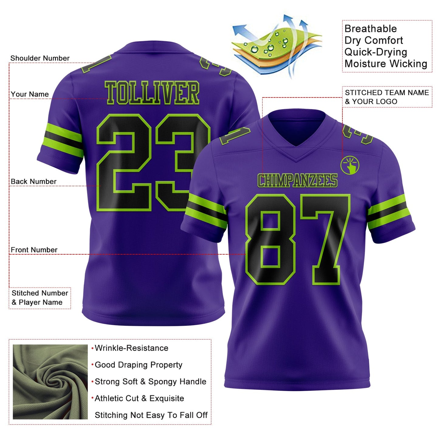Custom Purple Black-Neon Green Mesh Authentic Football Jersey