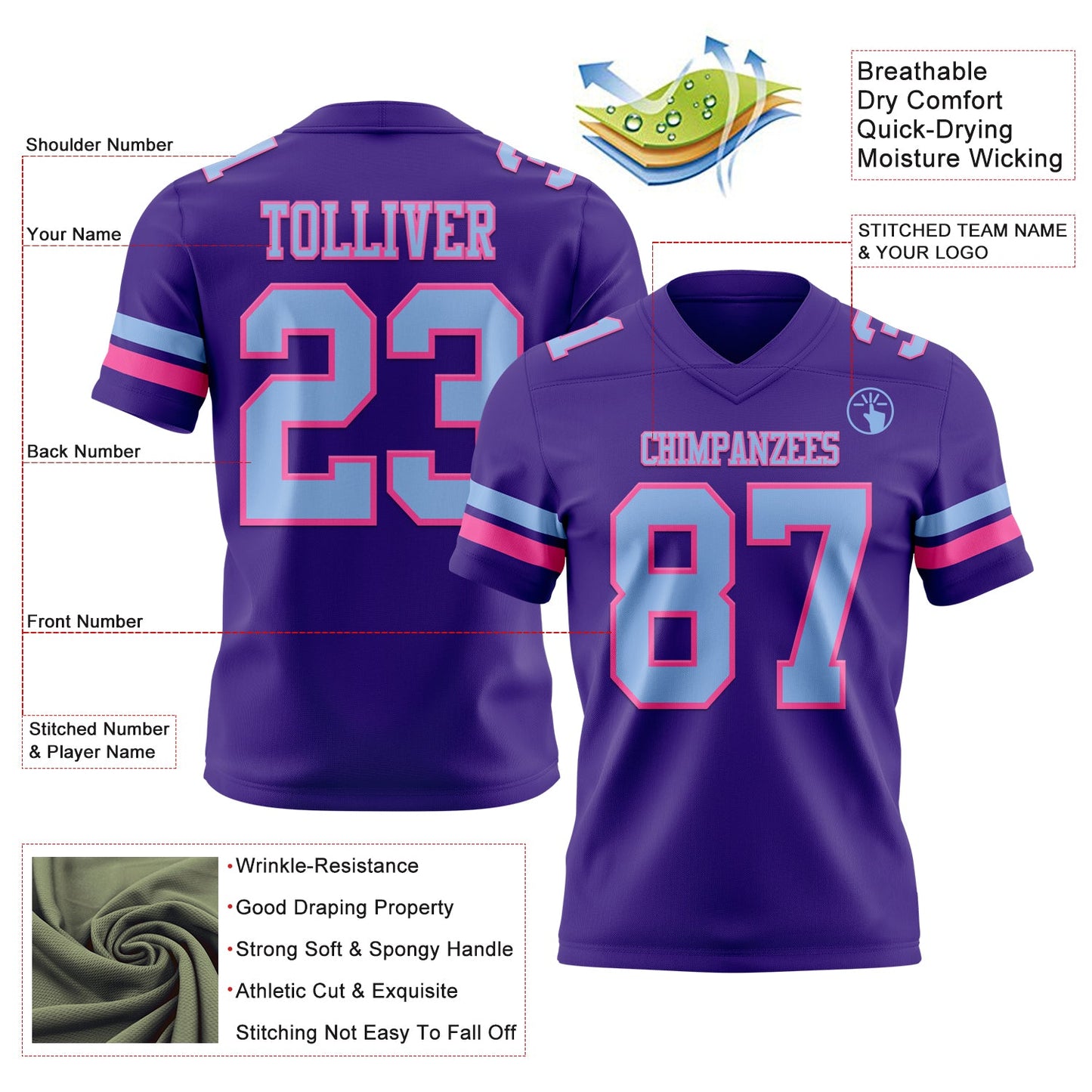 Custom Purple Light Blue-Pink Mesh Authentic Football Jersey