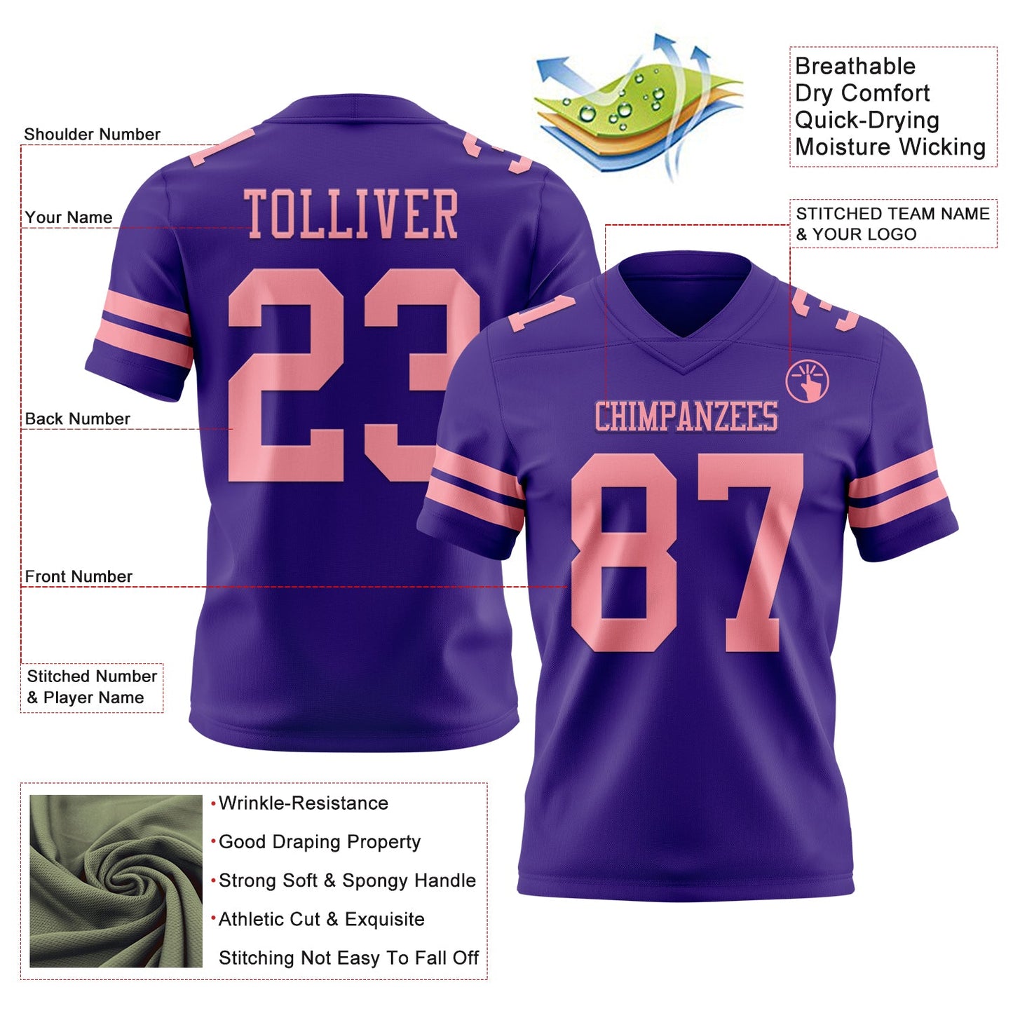 Custom Purple Medium Pink Mesh Authentic Football Jersey