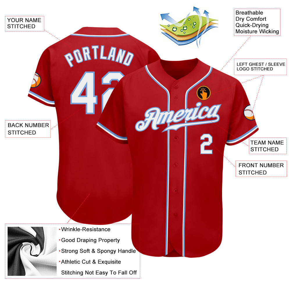 Custom Red White-Light Blue Authentic Baseball Jersey