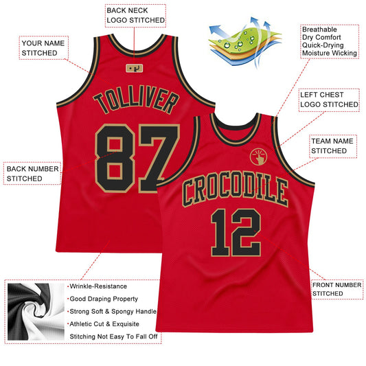 Custom Red Black-Old Gold Authentic Throwback Basketball Jersey