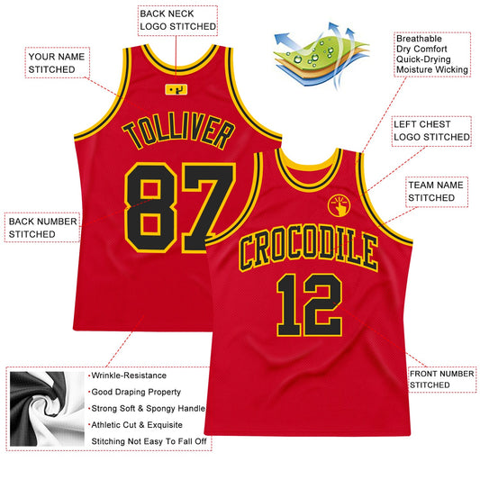Custom Red Black-Gold Authentic Throwback Basketball Jersey