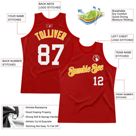 Custom Red White-Gold Authentic Throwback Basketball Jersey