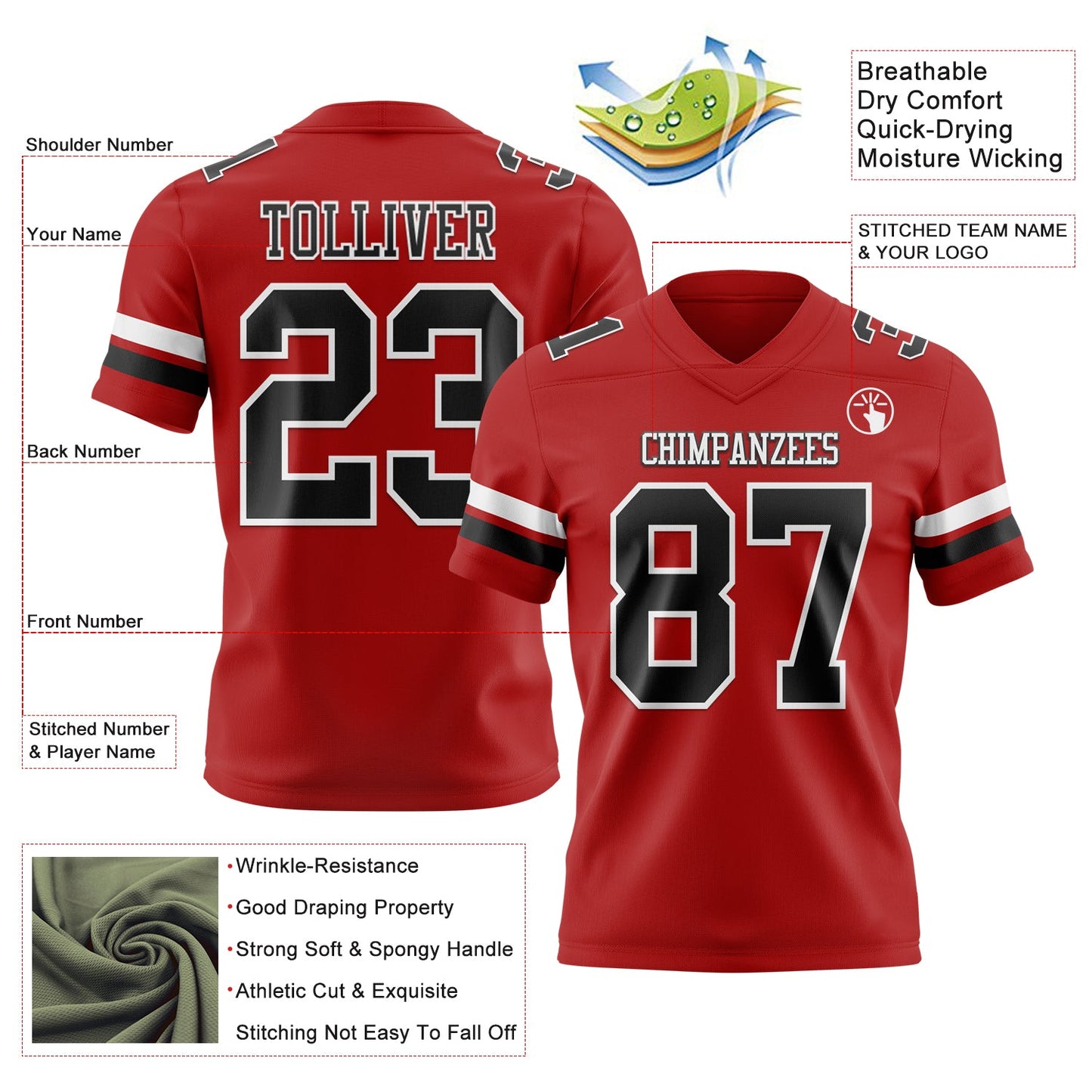 Custom Red Black-White Mesh Authentic Football Jersey