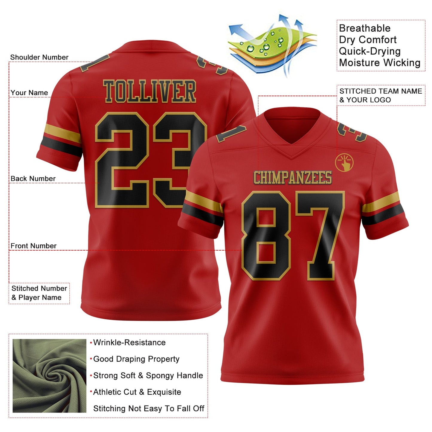 Custom Red Black-Old Gold Mesh Authentic Football Jersey
