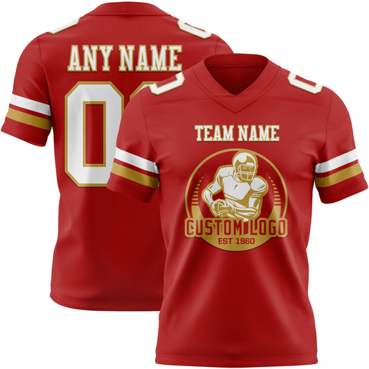 Custom Red White-Old Gold Mesh Authentic Football Jersey