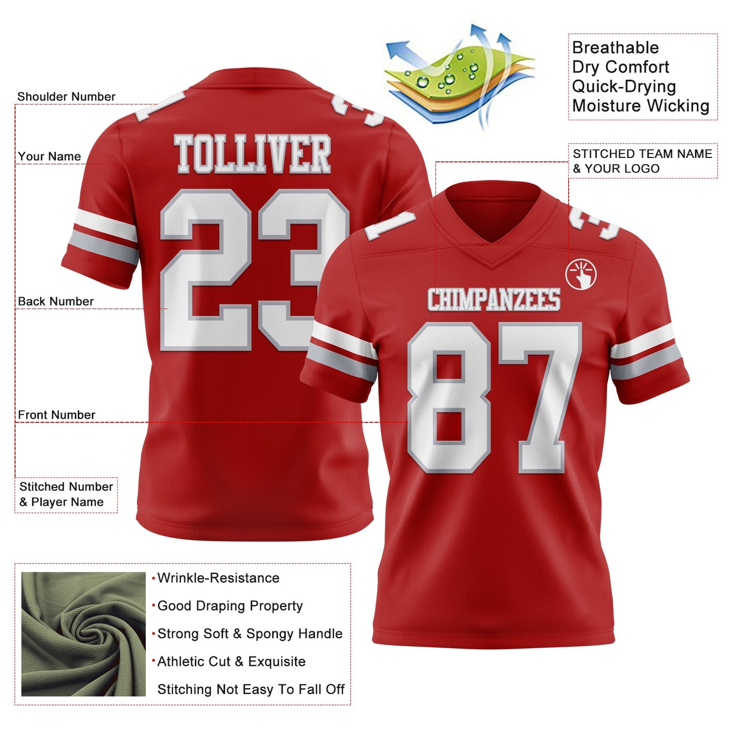 Custom Red White-Gray Mesh Authentic Football Jersey