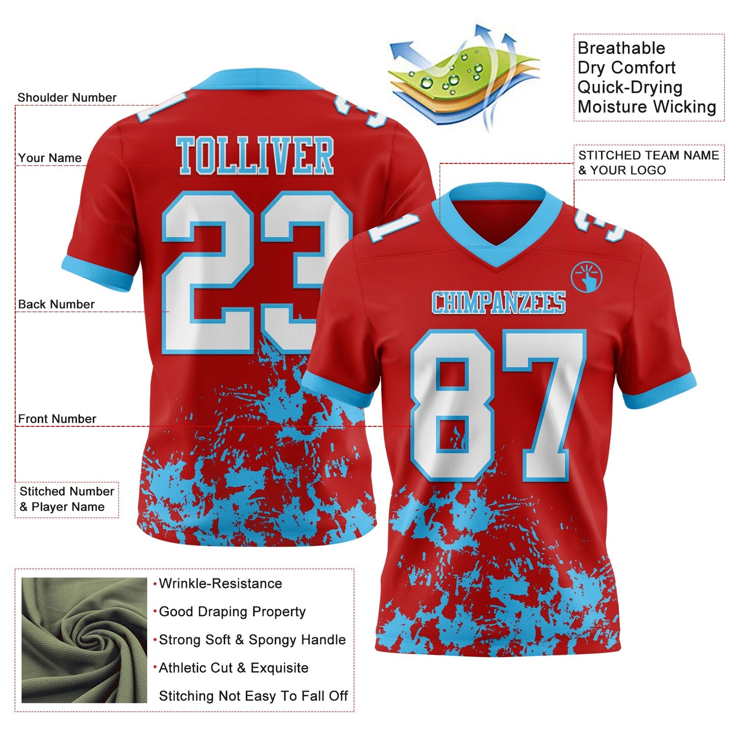 Custom Red White-Sky Blue Splash Mesh Authentic Football Jersey