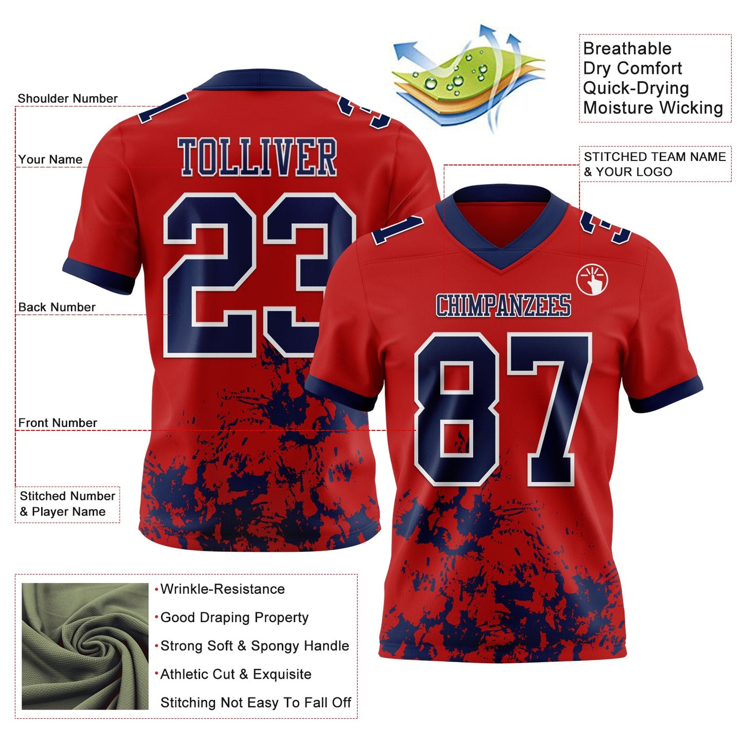 Custom Red Navy-White Splash Mesh Authentic Football Jersey
