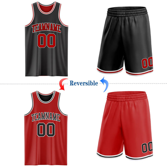 Custom Reversible Black Red-White Double Side Sublimation Basketball Suit Jersey