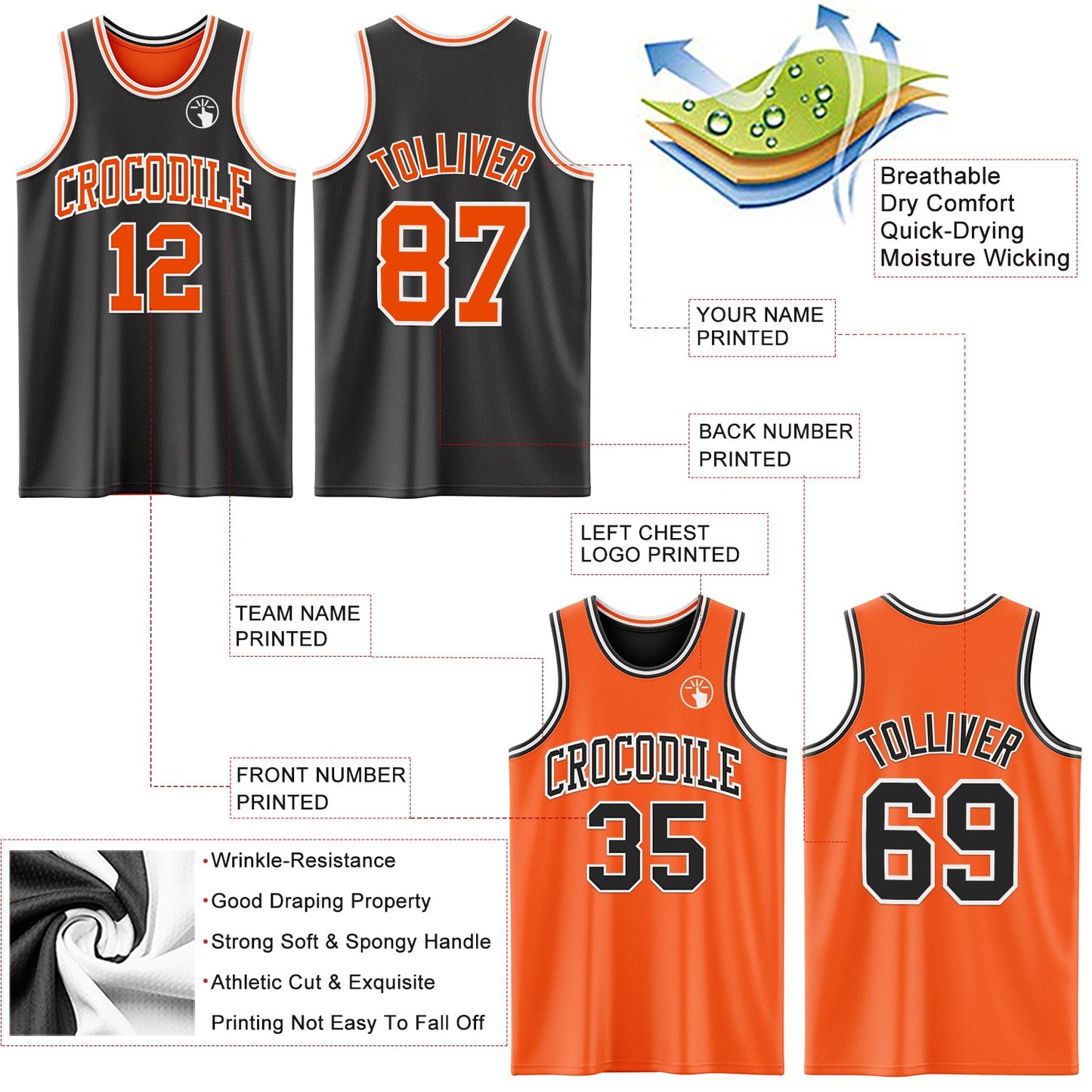 Custom Reversible Black Orange-White Double Side Sublimation Basketball Suit Jersey