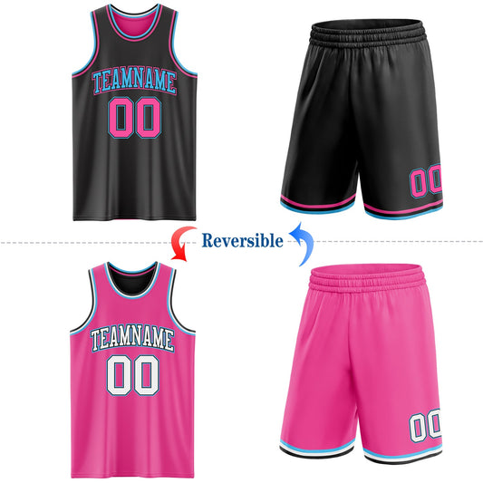 Custom Reversible Black Pink-Sky Blue Double Side Sublimation Basketball Suit Jersey