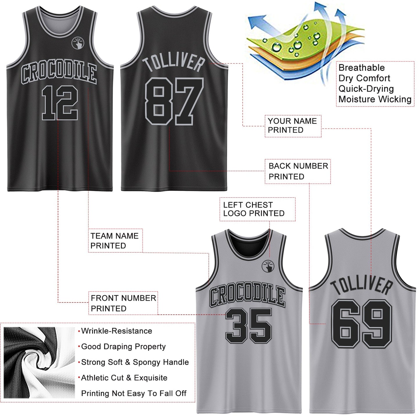 Custom Reversible Black Gray Double Side Sublimation Basketball Suit Jersey