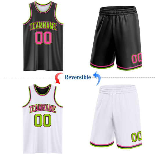 Custom Reversible Black Pink-Neon Green Double Side Sublimation Basketball Suit Jersey