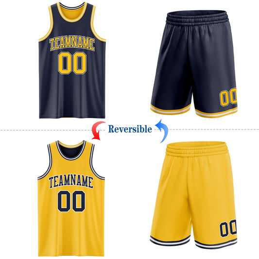 Custom Navy Gold-White Reversible Double Side Sublimation Basketball Suit Jersey