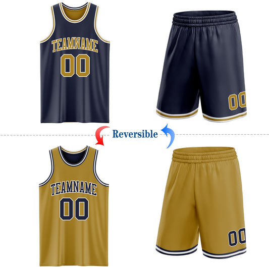 Custom Navy Old Gold-White Reversible Double Side Sublimation Basketball Suit Jersey
